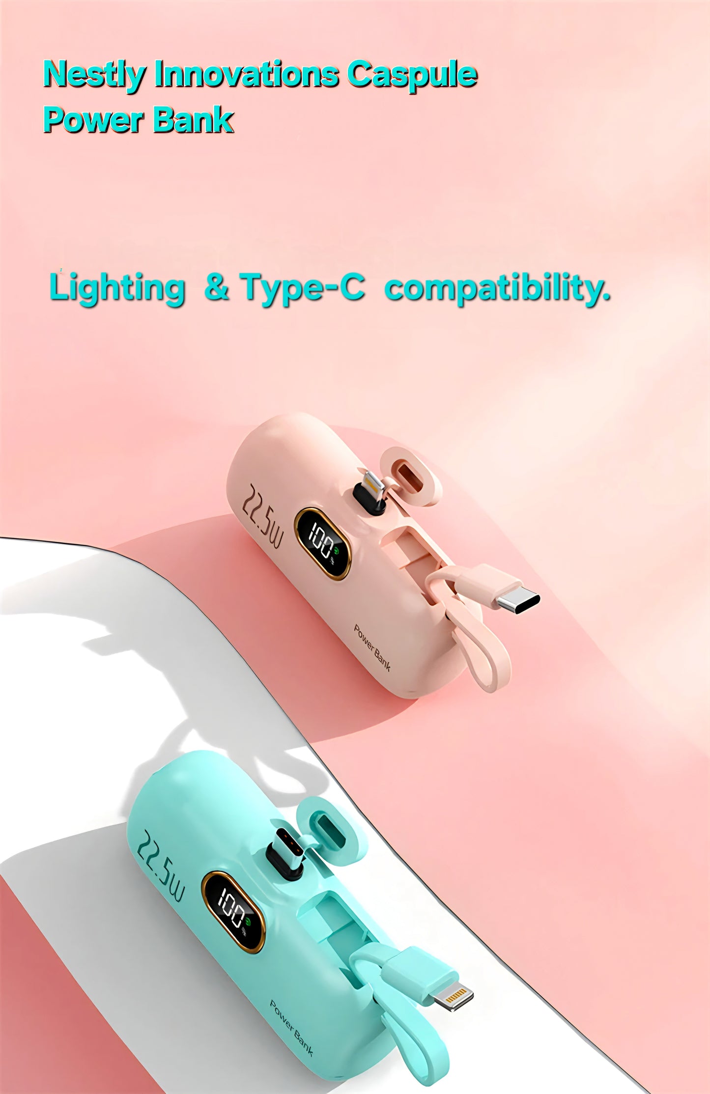 Mini Capsule Power Bank with Lightning & Type C Plugs