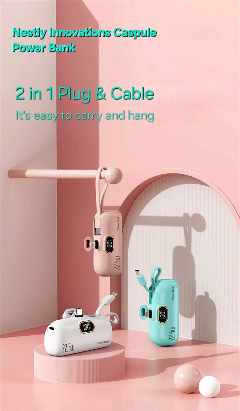 Mini Capsule Power Bank with Lightning & Type C Plugs